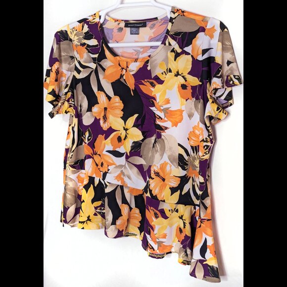 Fun ASHLEY STEWART 18/20 1X 0X Floral Print Stretch Asymmetric Hem Peplum Blouse - Picture 3 of 4